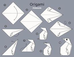 tutorial origami esquema con pingüino. aislado origami elementos en gris fondo. origami para niños. paso por paso cómo a hacer origami pingüino. vector ilustración.