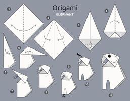 Tutorial origami scheme with elephant. isolated origami elements on grey backdrop. Origami for kids. Step by step how to make origami elephant. Vector illustration.