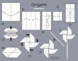 tutorial origami esquema con molinillo. aislado origami elementos en gris fondo. origami para niños. paso por paso cómo a hacer origami molinillo. vector ilustración.