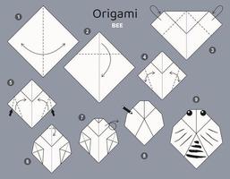 Tutorial origami scheme with bee. isolated origami elements on grey backdrop. Origami for kids. Step by step how to make origami Bee. Vector illustration.