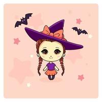 linda y kawaii chibi muchacha. bruja en sombrero y con murciélagos en manga estilo. todas objetos son aislado. vector ilustración.