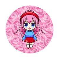 Cute and kawaii girl in roses. Manga chibi girl with pink flowers. Vector Illustration. Art for prints, covers, posters and any use.