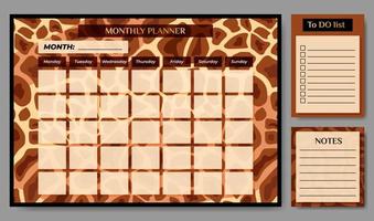 luxurious Monthly planner with To Do list and notes on giraffe backdrop. Vector illustration. Planner for companies and private use. Animal skin pattern.