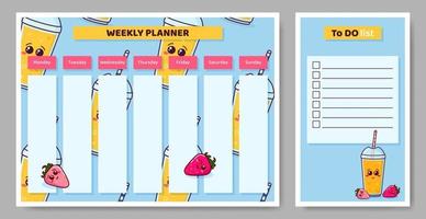 Weekly planner for kids. Child schedule for week and to do list with strawberries and cocktails. Calendar for elementary school student. Vector illustration