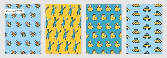 Trendy covers set. Cartoon covers design with rabbit, bees, ducks, cars. Vector patterns with toys for notebooks, planners, brochures, books, catalogs etc. Easy to re-size.