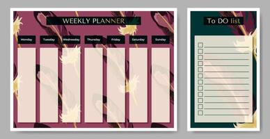 luxurious Weekly planner with To Do list on abstract feather backdrop. Vector illustration. Planner for companies and private use.