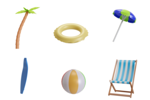 3d elements of summer beach objects. Items used for sunbathing, outdoor activities, or leisure recreation png