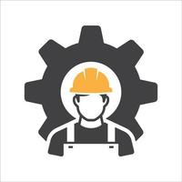 Safety worker icon. Industrial worker icon. Construction Safety icon vector. Man and gear icon. Vector illustration