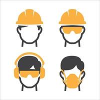 construcción trabajador icono colocar. la seguridad hombre icono colocar. la seguridad casco, anteojos, oído proteccion, máscara icono. vector ilustración