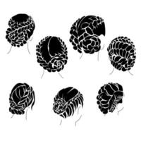 Set of silhouettes of hairstyles based on weaving, stylish shells and buns using braids vector