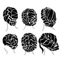 Set of silhouettes of hairstyles based on weaving, stylish shells and buns using braids vector