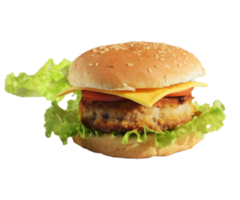 delicioso Agua en la boca hamburguesa, hamburguesa con queso con queso, tomate y lechuga en un transparente fondo, png