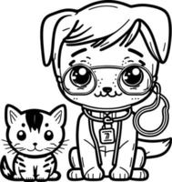 negro y blanco dibujos animados ilustración de linda perrito gato y perro animal para colorante libro vector