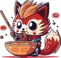 linda dibujos animados mapache perro comiendo ramen vector