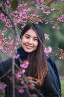 Young asian woman with wild himalayan cherry blooming in the garden on springtime photo