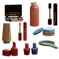 3d representación maquillaje conjunto incluye máscara, sombra, lápiz labial, piel limpiador, virador, espejo, hidratante Perfecto para diseño proyecto png