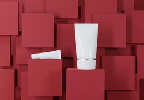 skin care products on red background photo