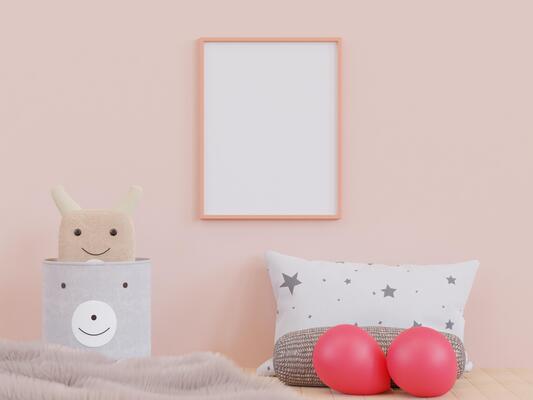 3D mockup photo frame in chidren room rendering