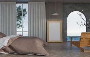 3D mockup blank photo frame in bedroom at pool villa