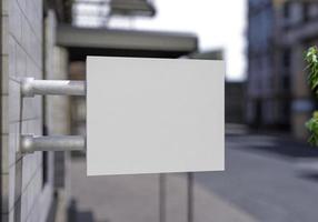 Letrero en blanco de maqueta 3d colgando de la representación de la tienda foto