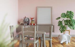 Marco de fotos en blanco de maqueta 3d en la representación de la habitación de los niños