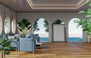 3D mockup blank photo frame in living room rendering