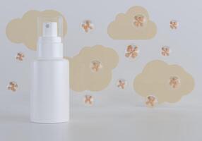 skin care products decorated with patterns on color background photo