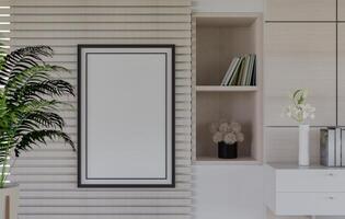 3D mockup blank photo frame in living room rendering