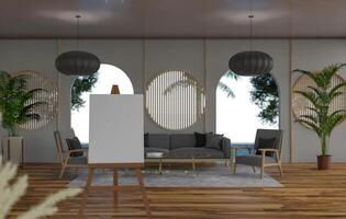 3D mockup blank photo frame on tripod in living room rendering