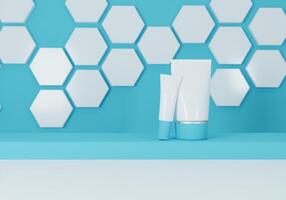 A mock up of realistic White blank cosmetic tube and spray bottle isolated on light blue background, 3d rendering , 3D illustration photo