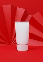 A mock up of realistic blank cosmetic tube isolated on red background, 3d rendering , 3D illustration photo