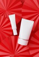 A mock up of realistic blank cosmetic tube isolated on red background, 3d rendering , 3D illustration photo