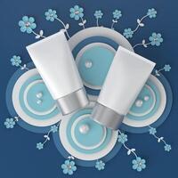 A mock up of realistic blank cosmetic tube isolated on bright blue background, 3d rendering , 3D illustration photo