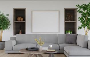 3D mockup blank photo frame in living room rendering