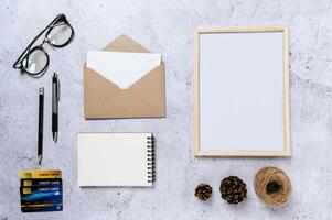 photo flat lay, top view office table desk. workspace background