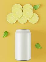can and pieces of juicy lime on yellow background photo