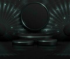 3d blue dark green black luxury background with product display podium and golden circle line elements and light rays decorations and stars effect and fireworks photo