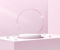 3D white pink podium ring geometric pedestal podium with golden ring and sphere ball photo