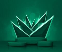 bottle green and emerald product display podium with golden triangle elements with bokeh decoration and glitter light effect photo