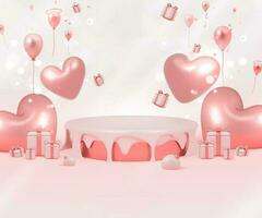 3d valentine day sale banner template with heart shape red and pink podium elements and podium for product display and light effect decorations and bokeh luxury background concept illustration photo