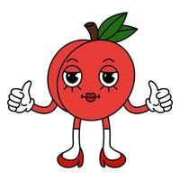 Funny fruit character in trendy retro cartoon style. Vector illustration of peach isolated on white background.