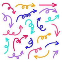 Set of colorful hand drawn arrows. Navigation direction swirl guideline cursor outline element for decor design. vector