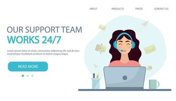 Support home page banner, woman working from home, student or freelancer. vector