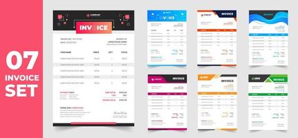 set of 07 Mega collection corporate modern minimal Business invoice form template. Invoicing quotes, money bill, Tax form, payment receipt, price invoices and payment agreement design template set. vector