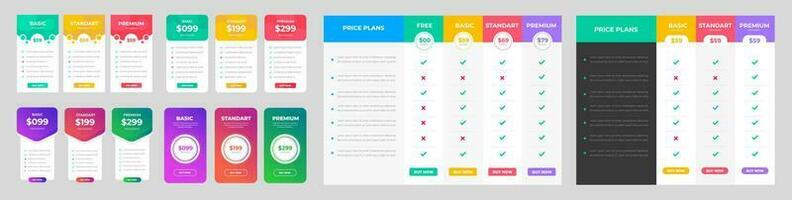 set of 07 Mega collection pricing table and pricing chart Price list vector template for web or app. Ui UX design tables with tariffs, subscription and business plans.