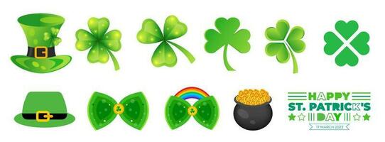 Happy St. Patrick's Day elements mega set with green clover, shamrock, green ale, gold coins pot, typography and rainbow on white background. Saint Patrick's Day bundle. vector