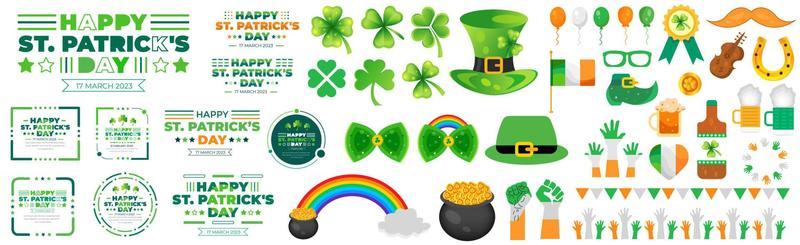 Happy St. Patrick's Day elements mega set with green clover, shamrock, green ale, gold coins pot, and rainbow on white background. St. Patrick's Day typography mega bundle. Saint Patrick's Day bundle.