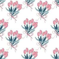 Seamless pattern with flower bouquets. Endless ornament with tulips on white background. Minimalistic style print in retro soft colors. Vector illustration.