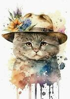 Whimsical Feline in a Watercolor Hat vector