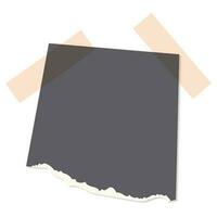 Isolated Scrap of black paper or cardboard with tape. Vector design element for scrapbooking or collage.